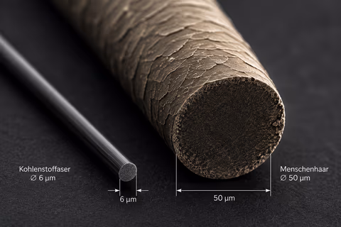 Größenvergleich einer Kohlenstofffaser mit 6 Mikrometern Durchmesser neben einem menschlichen Haar mit 50 Mikrometern