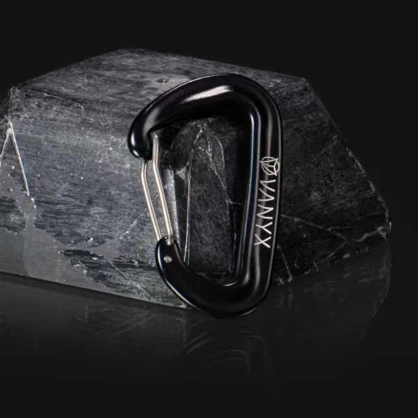 Schwarzer Vanyx Karabiner stehend vor dunklem Stein – vertikale Produktansicht