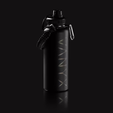 Schwarze Vanyx Edelstahl-Trinkflasche mit Paracord-Griff und Karabiner – funktionales Outdoor-Design