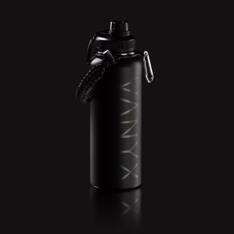 Schwarze Vanyx Edelstahl-Trinkflasche mit Paracord-Griff und Karabiner – funktionales Outdoor-Design